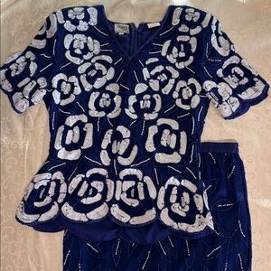 Vintage Stenay Royal Blue and White Floral blouse and skirt set 100% silk